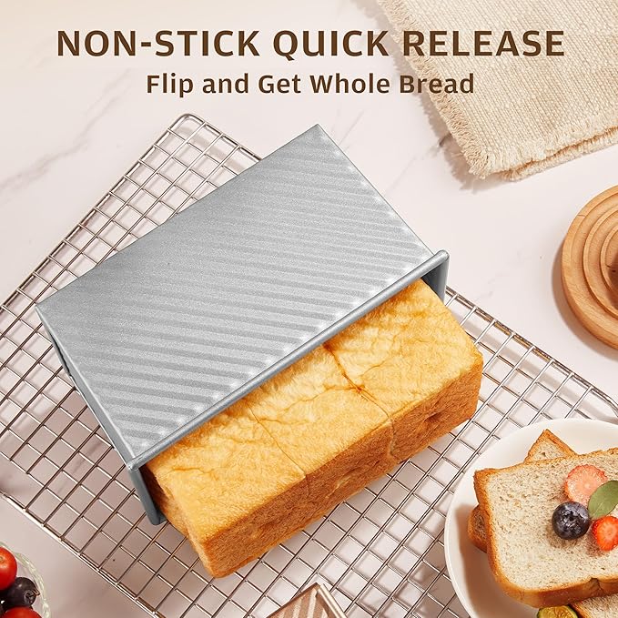 KITESSENSU Pullman Loaf Pan with Lid, 1 lb Dough Capacity Non-Stick Bakeware for Baking Bread, Carbon Steel Corrugated Bread Toast Box Mold with Cover for Baking Bread, Silver