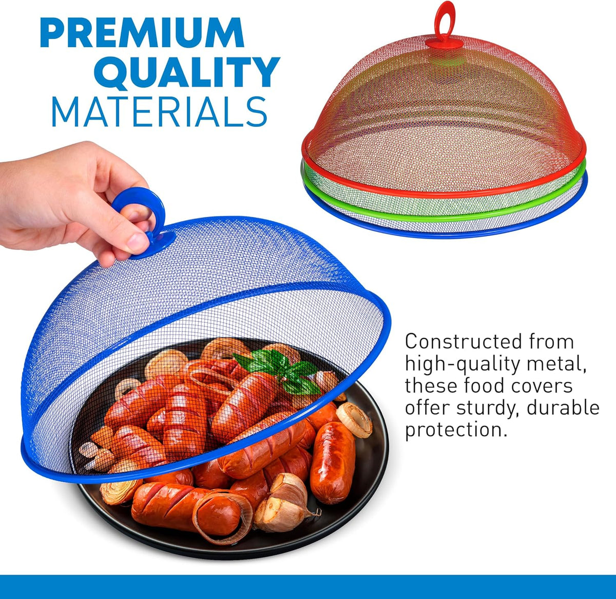 Metal Mesh Screen Food Cover Tent Umbrella, 10.75 inch, Reusable Outdoor Picnic Food Covers Mesh, Food Cover Net Keep Out Flies, Bugs, Mosquitoes (3 Pack, Green Blue Red)