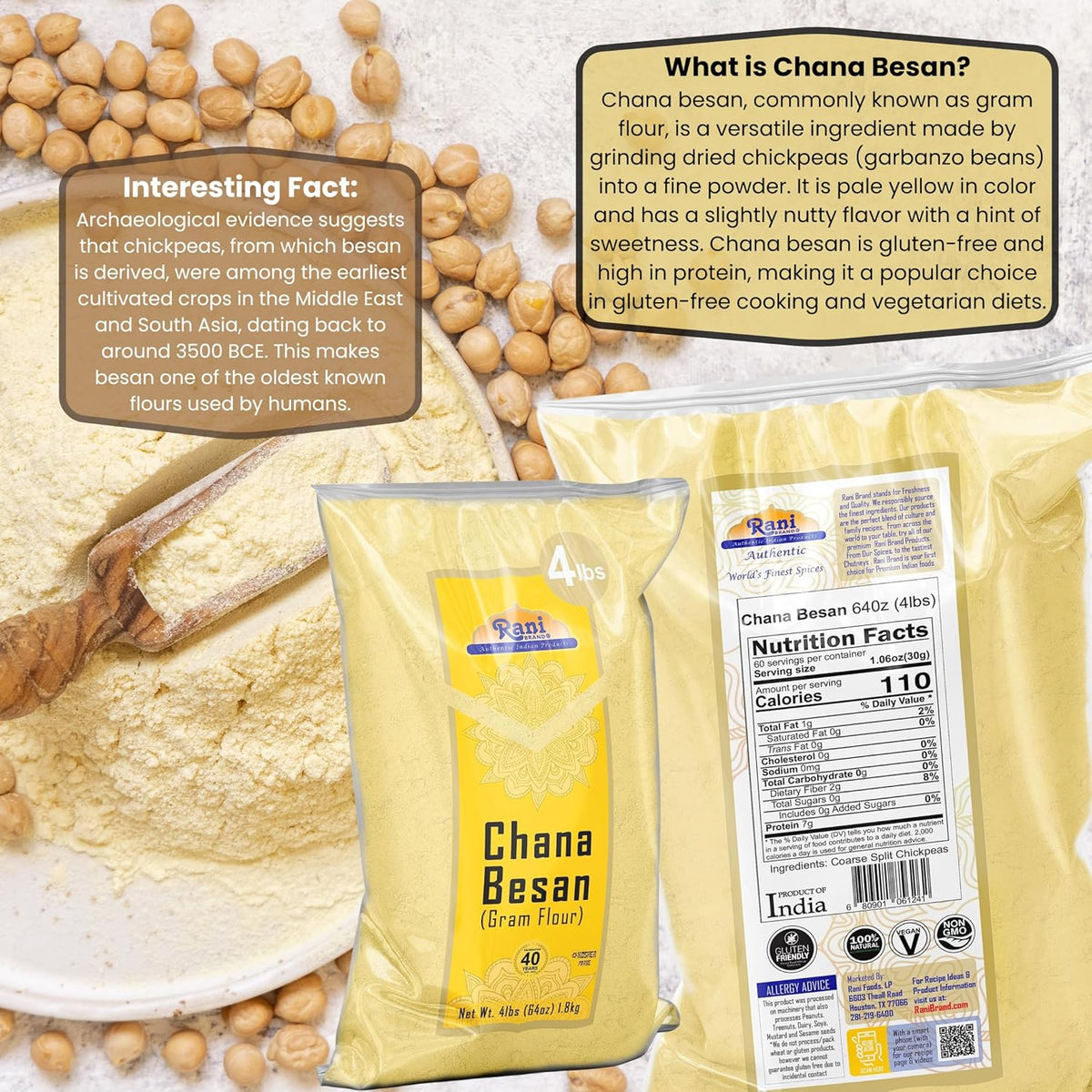 Rani Chana Besan (Chickpeas Flour, Gram) 64oz (4lbs) 1.81kg Bulk ~ All Natural | Vegan | Gluten Friendly | NON-GMO | Kosher | Indian Origin