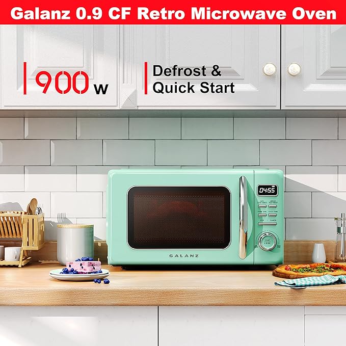 Galanz GLCMKZ09GNR09 Retro Countertop Microwave Oven with Auto Cook & Reheat, Defrost, Quick Start Functions, Easy Clean with Glass Turntable, Pull Handle.9 cu ft, Green
