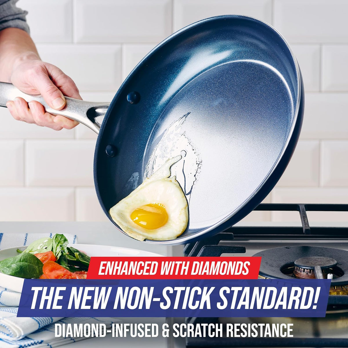 Blue Diamond Frying Pan 8” Skillet, Diamond Infused Healthy Ceramic Nonstick, PFAS and PFOA-Free, Dishwasher and Oven Safe, Even Heating, Metal Utensil Safe, Warp Control Base, Blue (Pack of 4)