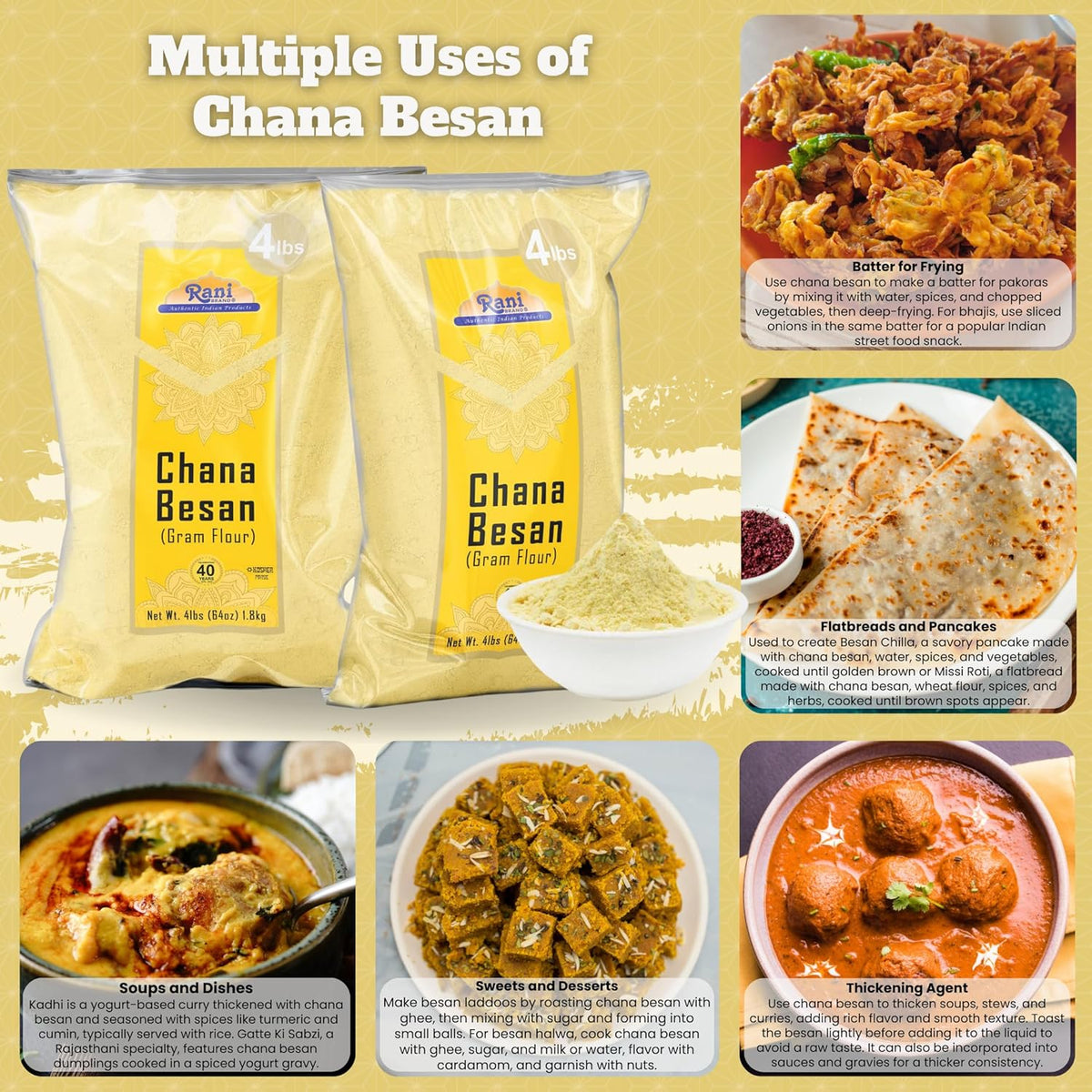 Rani Chana Besan (Chickpeas Flour, Gram) 64oz (4lbs) 1.81kg Bulk ~ All Natural | Vegan | Gluten Friendly | NON-GMO | Kosher | Indian Origin