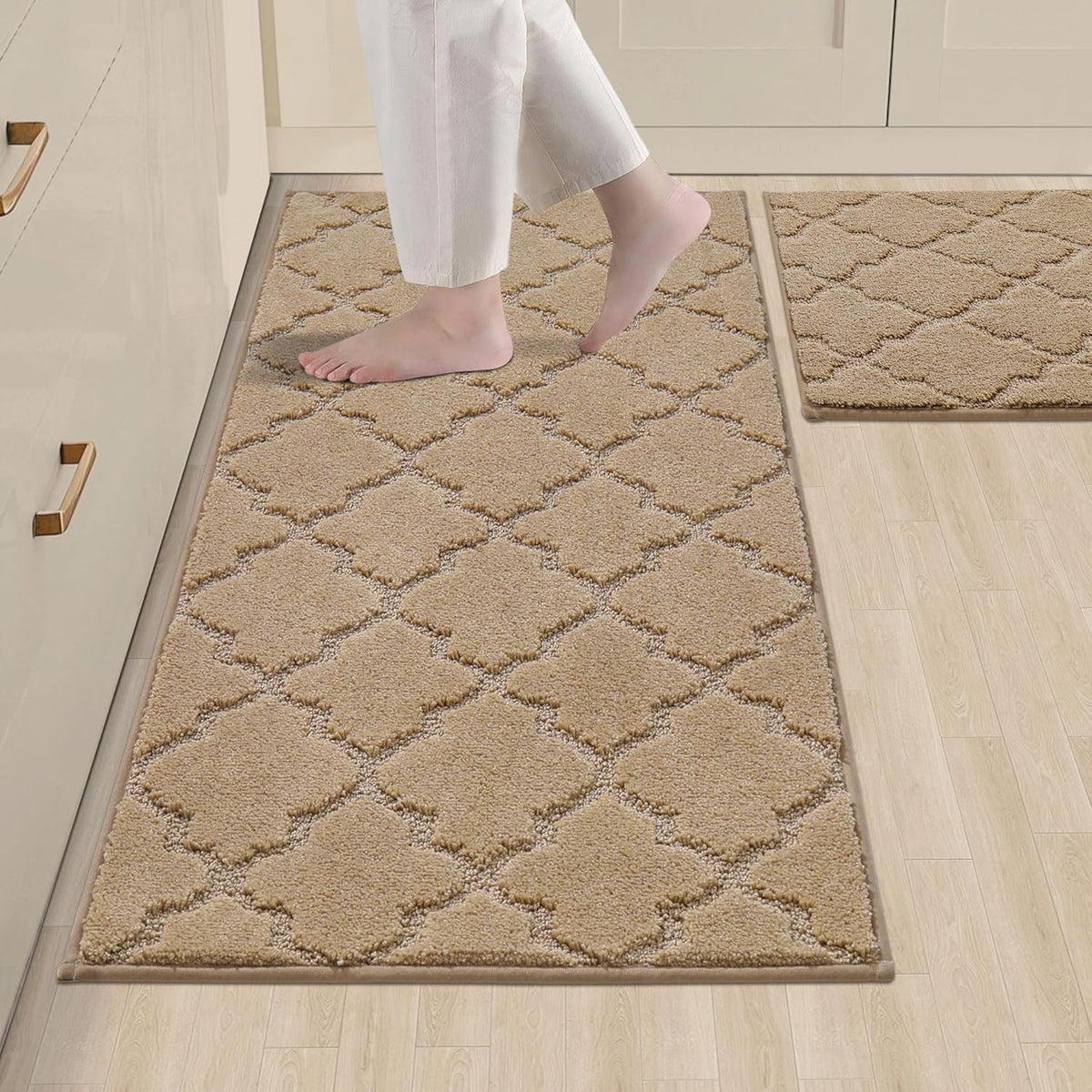 COSY HOMEER Soft Kitchen Rugs [2 PCS] for in Front of Sink Super Absorbent Kitchen Floor Mats and Mats 20x30 Inch/20X48 Non-Skid Kitchen Mat Standing Mat Washable,Polyester,Beige