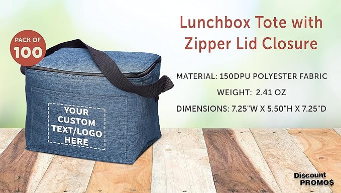 Custom Insulated Cooler Lunch Bag Set of 100, Personalized Bulk Pack - Perfect for Work, Travel, Outdoor Events - Blue