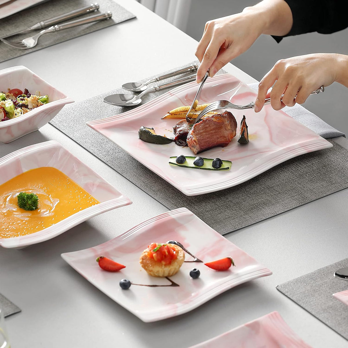 MALACASA Plates and Bowls Sets, 26 Pieces Pink Dinnerware Sets for 6, Porcelain Dinnerware Set with Dinner Plates and Bowls, Serving Platters, Square Dishware Sets, Modern Dish Set, Series Flora