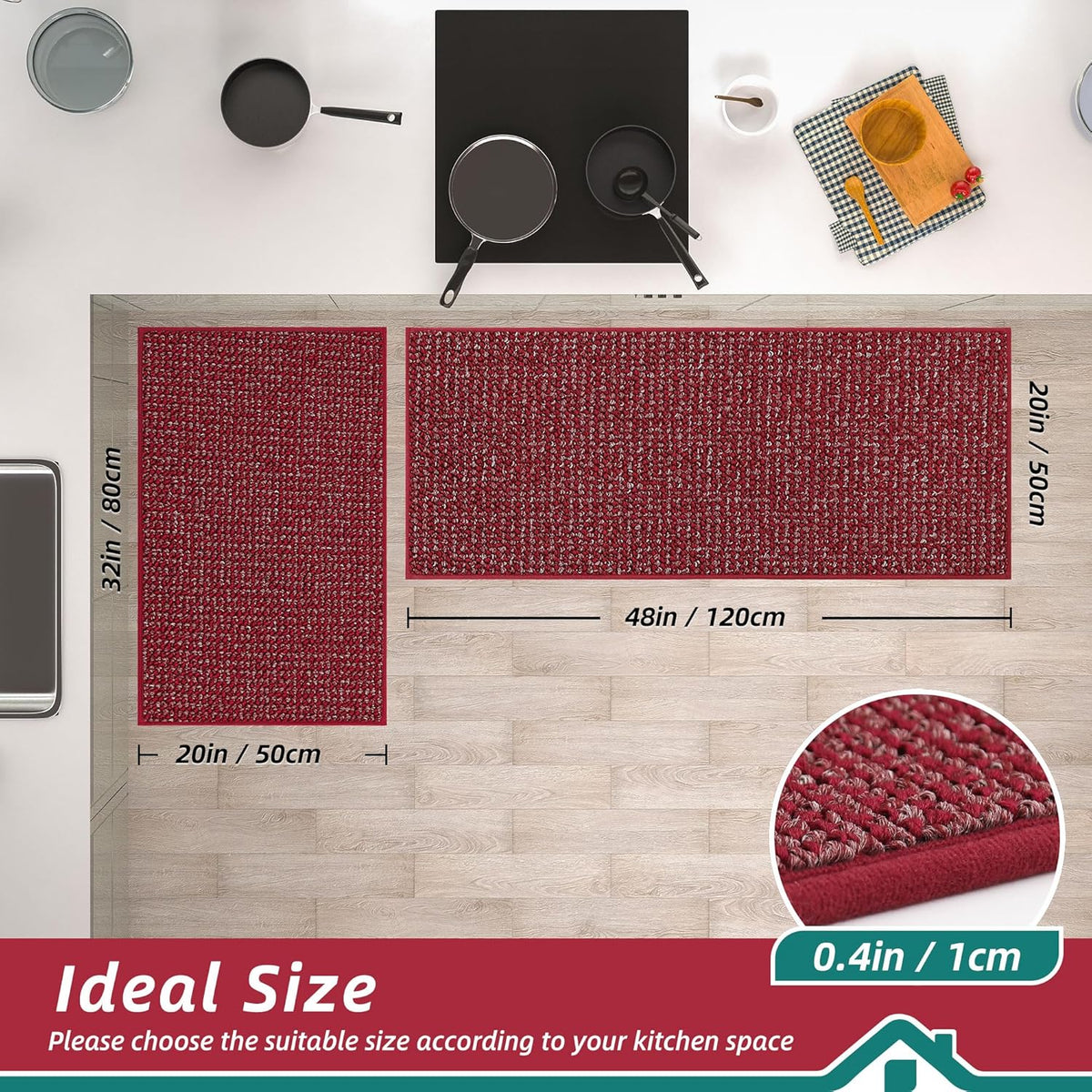 BEQHAUSE Kitchen Rugs and Mats 2PCS, Non-Slip Kitchen Mats for Floor, Absorbent and Stain Resistant Kitchen Runner, Machine Washable Rugs for Kitchen, Laundry & Sink, 20"x32"+20"x48", Red