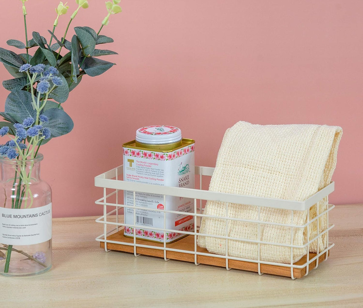 TIEYIPIN Small Metal Wire Storage Basket, Detachable Wood Base Storage Organizer Bin Basket for Kitchen Cabinets, Bathroom, Pantry, Garage, Laundry Room (Cream White, 4 Pack)