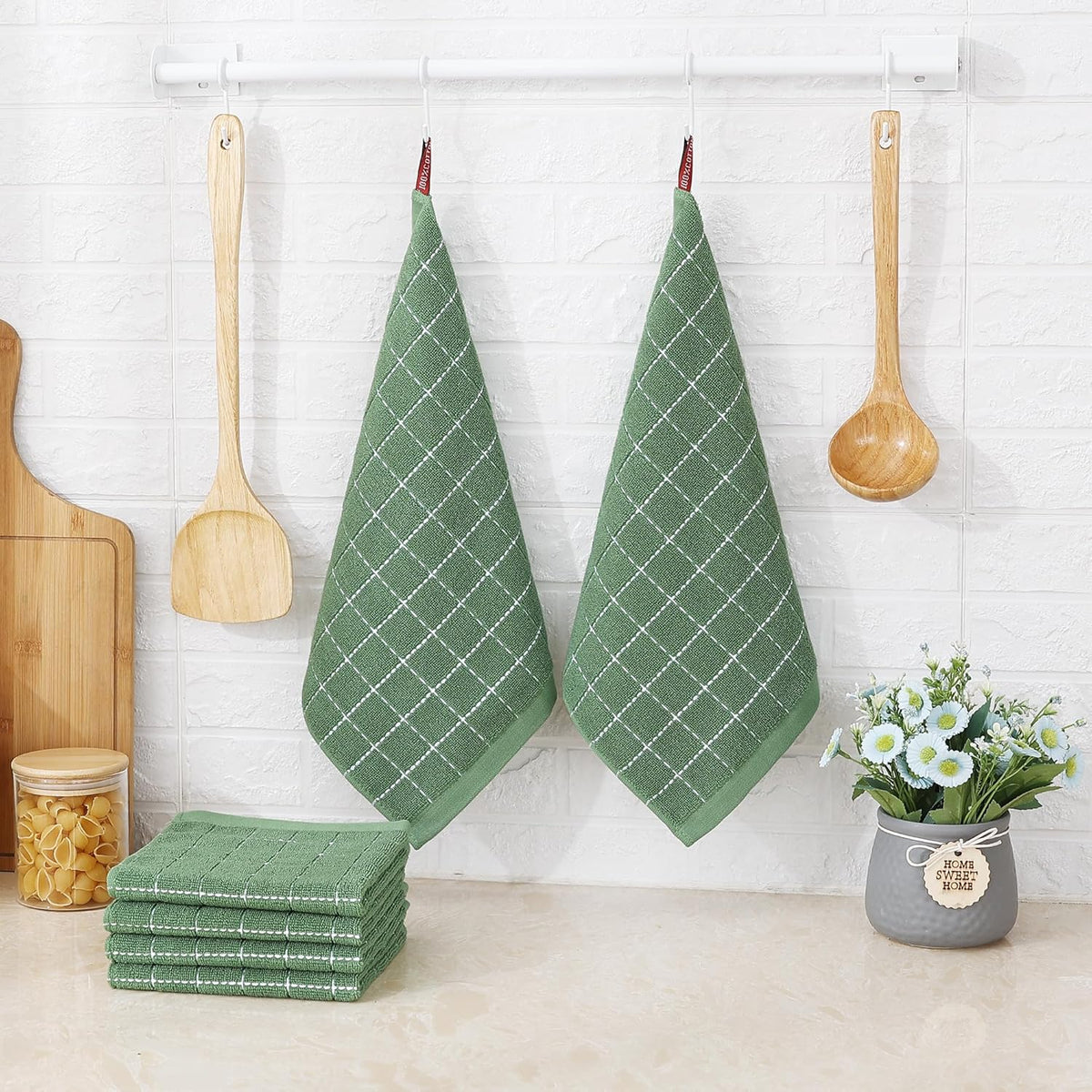 Homaxy 100% Cotton Terry Kitchen Dish Cloths, Ultra Soft and Absorbent Dish Towels for Kitchen, Suitable for Drying and Washing Dishes, 12 Pack, 12 x 12 Inches, Grass Green