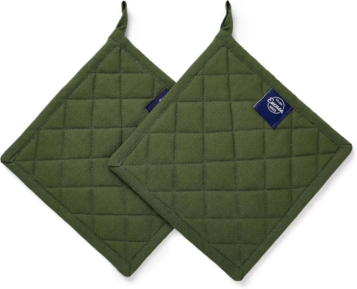 Encasa XO Heat Resistant Cotton Pot Holders with Hanging Loop - Set of 2 - Leaf Green - Multipurpose Quilted Everyday Hot Pad for Kitchen, Camping, BBQ & Microwave - 8x8 in