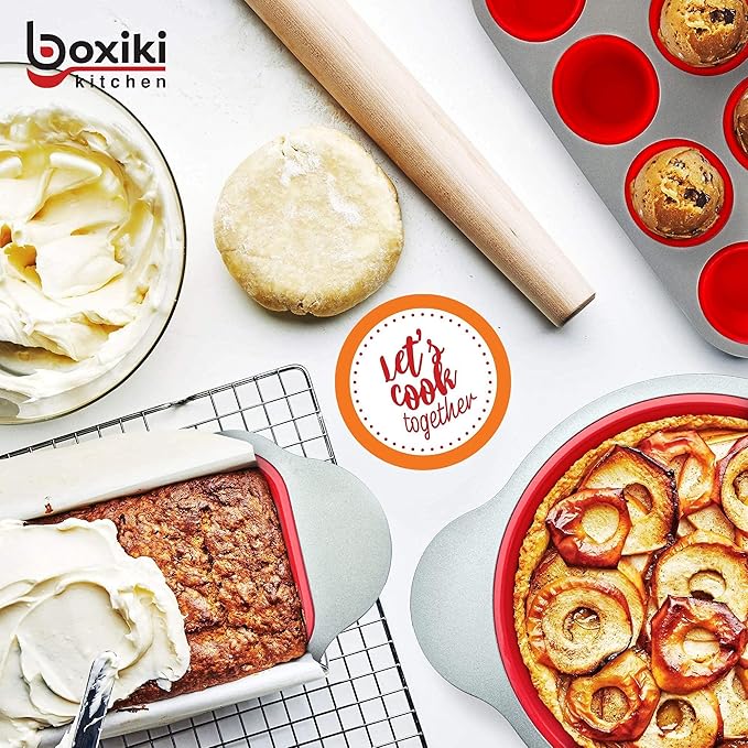 Boxiki Kitchen 13-Piece Non-Stick Silicone Bakeware Set with Cake Pan, Brownie Pan, Loaf Pan, Muffin Mold, Spatulas, Brush, and Measuring Spoons - Oven, Freezer and Dishwasher Safe