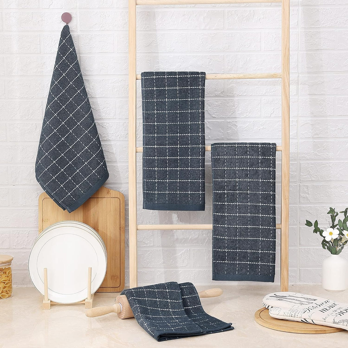 Homaxy 100% Cotton Terry Kitchen Towels(Dark Grey, 13 x 28 inches), Checkered Designed, Soft and Super Absorbent Dish Towels, 6 Pack