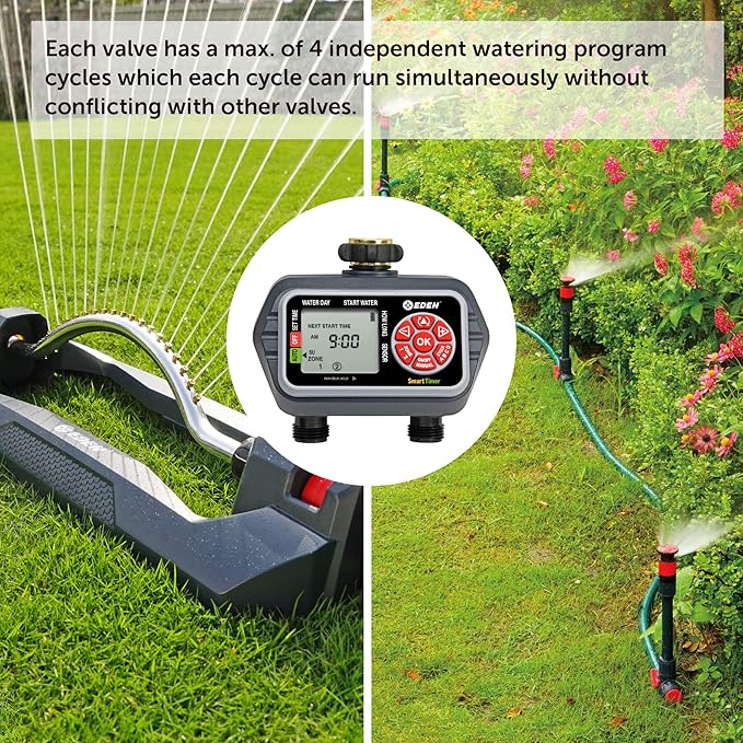 Eden 93412 Programmable Digital Water Timer 2-Zone, Compatible with Wireless Soil Moisture Sensor