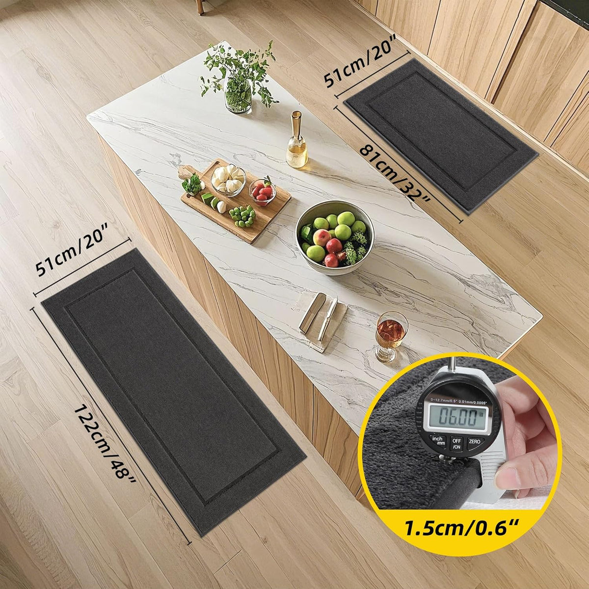 JSEI Non-Slip Kitchen Mats, Self Adhesive No Sliding Kitchen Rugs Set of 2, Washable Absorbent Floor Mat for Kitchen, Bathroom, Laundry Room, Bedroom, 20”x32”+20”x48”, Dark Grey, Rectangular Pattern
