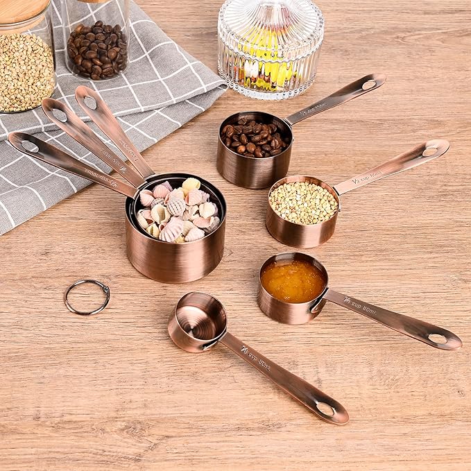 Copper Plate Measuring Cups and Spoons Set of 12, Copper Measuring Cups and Spoons Set with Leveler, Stainless Steel Measuring Spoons & Cups for Dry & Liquid Ingredients During Kitchen&Baking