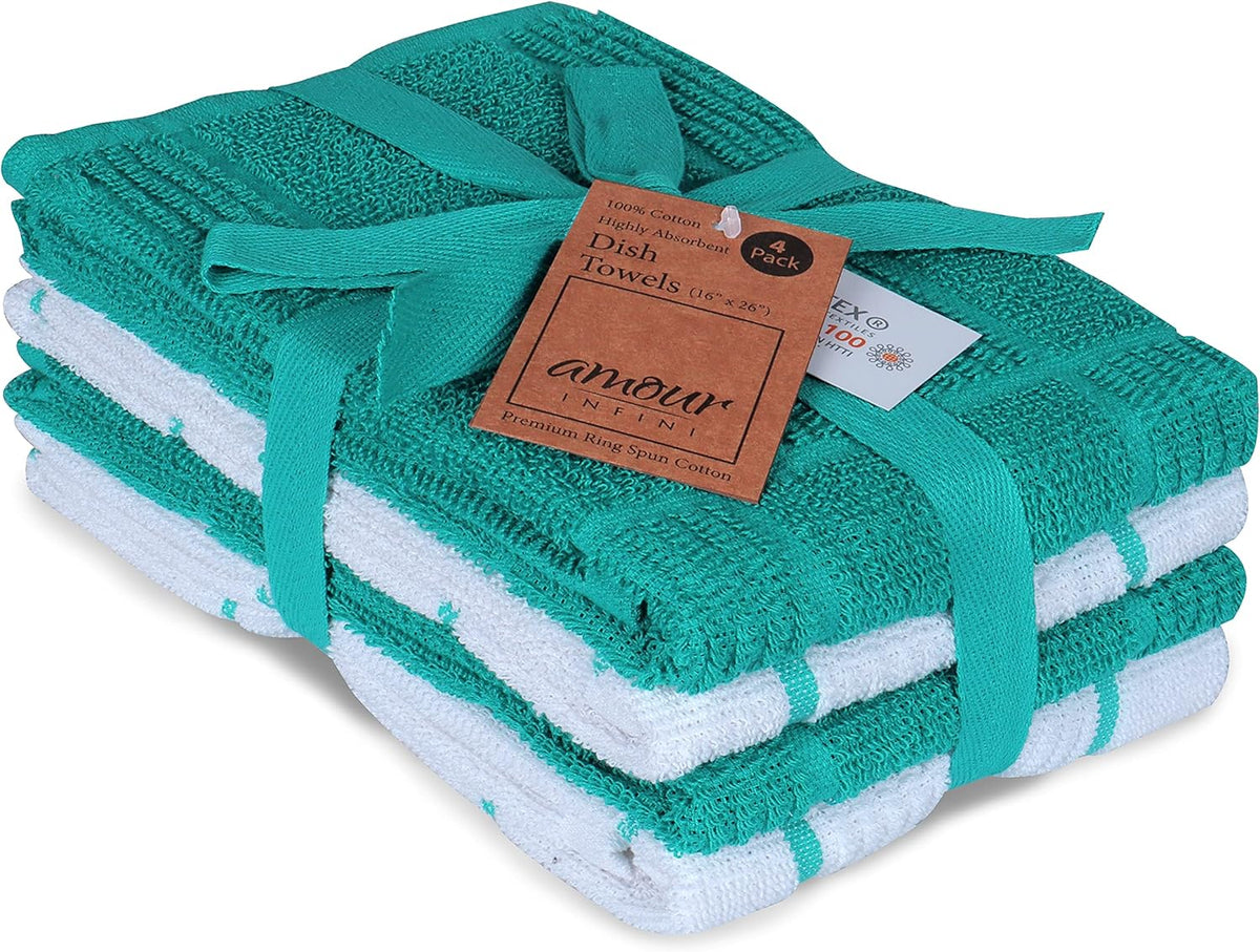 AMOUR INFINI Kitchen Towels Pack of 4 Absorbent, Quick Drying Premium Terry Cotton Dish Towel with Hanging Loop 16x28 Inch Hand & Tea Towels (Teal)