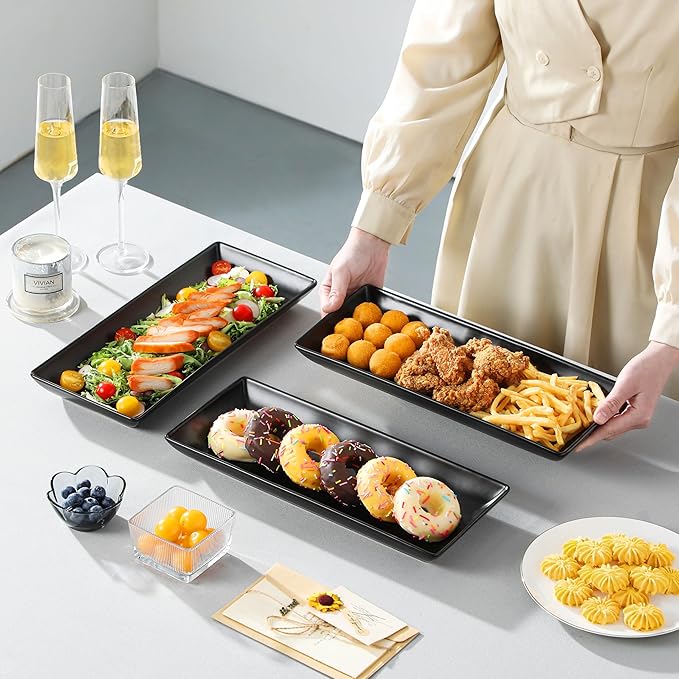 MALACASA 3 Tier Serving Trays for Party, 14 Inch Porcelain Black Trays for Serving Food, Dessert Stand with Collapsible Gold Metal Rack
