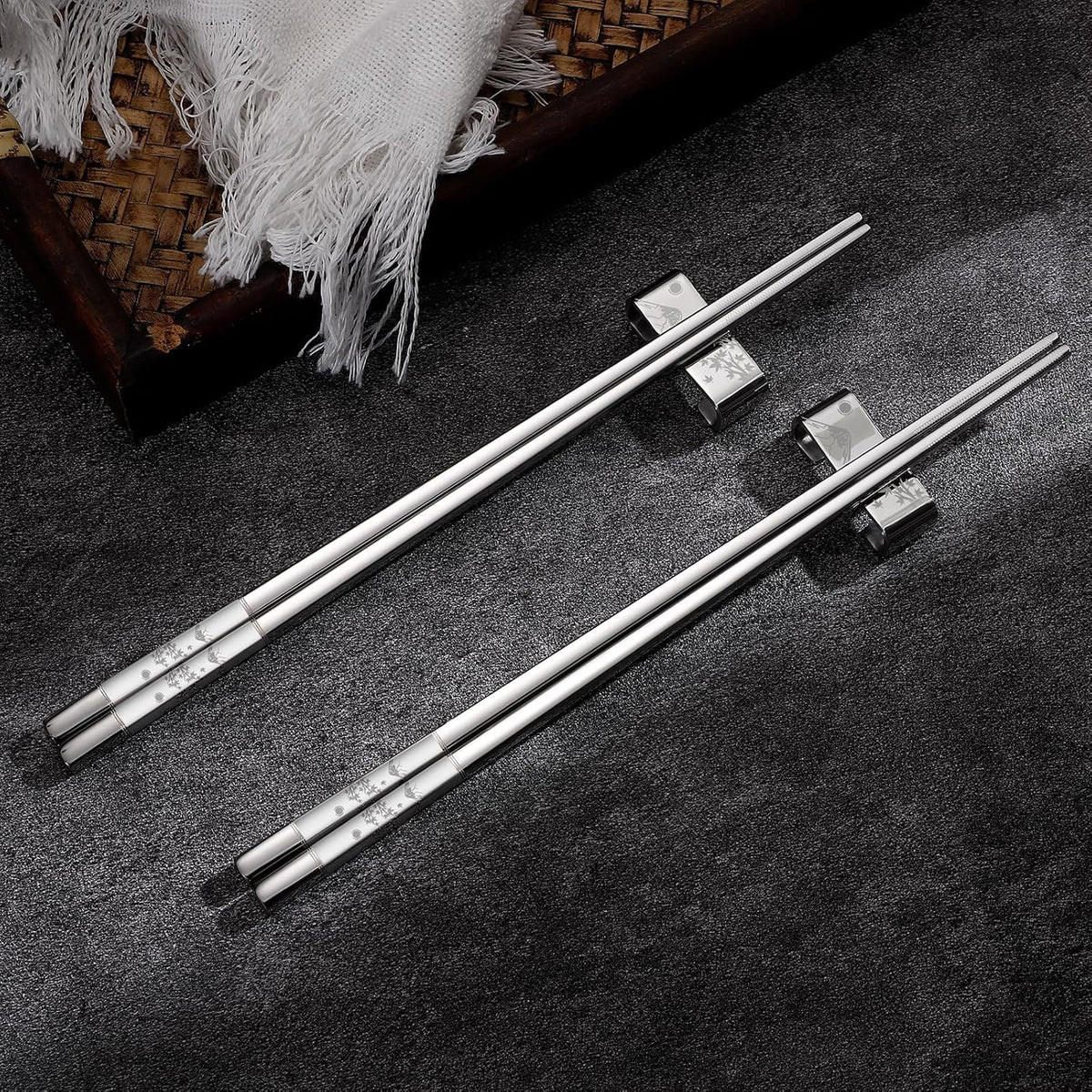 Metal Chopsticks Reusable 2 Pairs Titanium Plated 18/8 Stainless Steel Chopsticks with Holder, Dishwasher Safe Non-Slip Japanese Style Laser Engraved Chop Sticks Gift Set (Silver)
