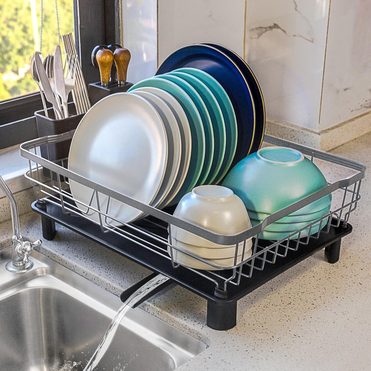 Dish Drying Rack for Kitchen Counter,Space-Saving Dish Rack with Drainboard,Rustproof Countertop Dish Drainer with Utensil Holder for Sink,Gray