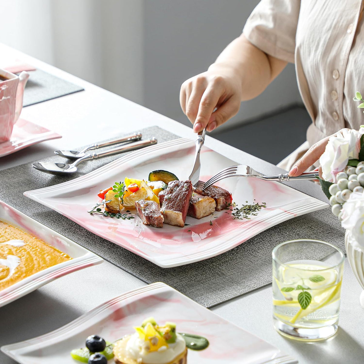 MALACASA Dinnerware Sets, 30-Piece Pink Plates and Bowls Sets for 6, Porcelain Dinnerware Set with Plates and Bowls, Cups and Sacuers, Square Dish Set, Modern Dining Ware Set, Series Flora