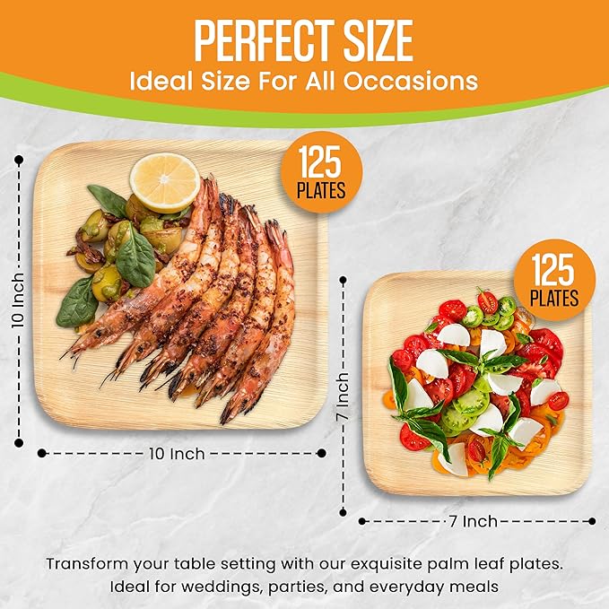 Raj Palm Leaf Plates Bulk [50-Pack] 10" & 7" Square Plates (5 CASES - 250 PACK) like Bamboo plates Disposable, Strong, Decorative Compostable Tableware for weddings, Lunch, Dinners