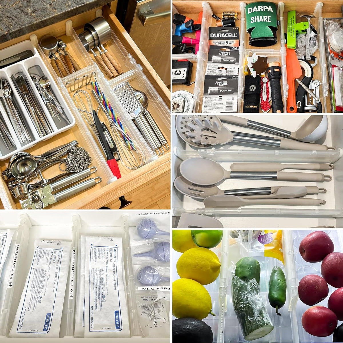 HiYZ Expandable Drawer Dividers with Inserts - 2.36'' High Adjustable Drawer Organizers Separators for Kitchen, Bedroom, Dresser, Office, 8 Long Dividers(12.6-22.8'') with 16 Inserts(3.9-7.1'')-Clear