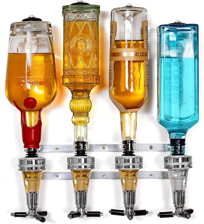 Liquor Dispenser - 4-Bottle Drinks, Alcohol Station - Wall-Mounted Cocktail Tap, Push-Release Valves, Rubber Suction Cups, Home Bar, Man Cave, Bartender Accessories