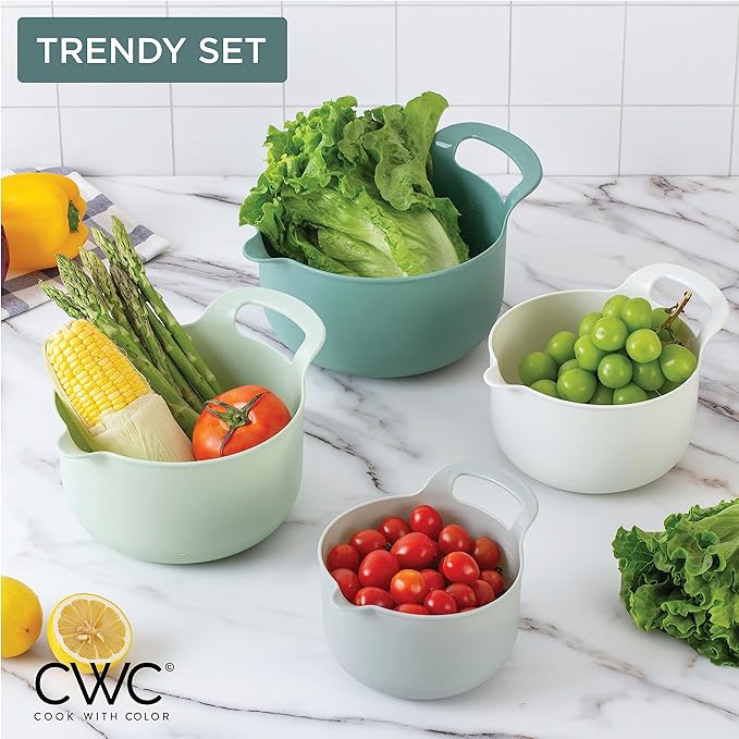 COOK WITH COLOR Nesting Plastic Mixing Bowl Set with Pour Spouts and Handles, Sage, 4 Piece Non-Slip