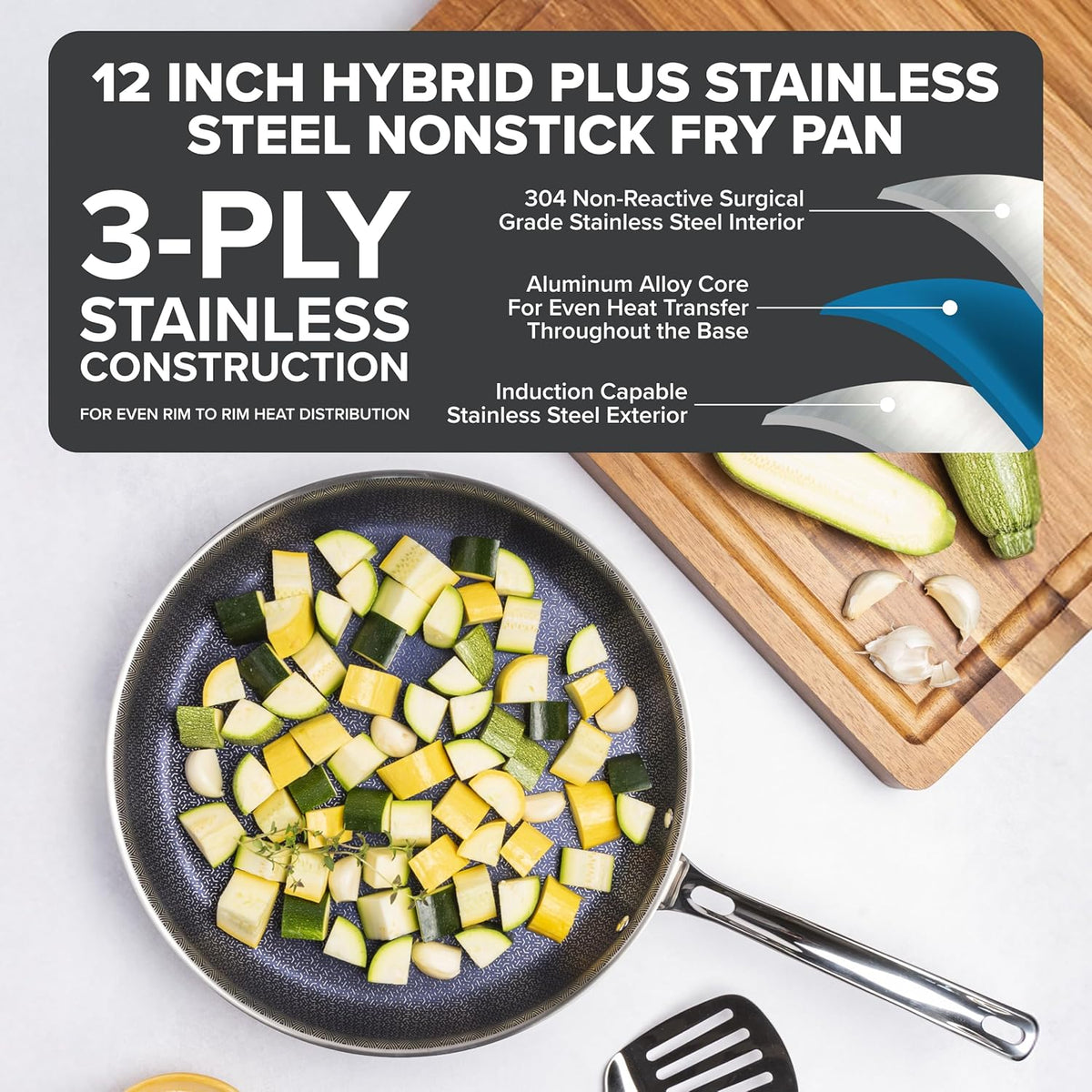 Viking 3-Ply Non Stick Frying Pan, 12 Inch Hybrid Plus Stainless Steel Kitchen Cookware, Silver
