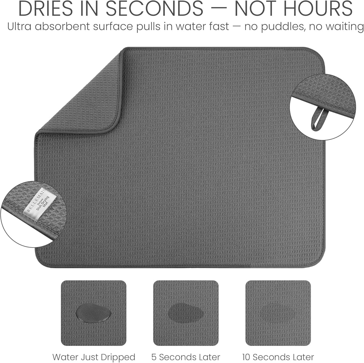 Bellemain XXL Dish Mat 24" x 17" ( LARGEST MAT ) Microfiber Dish Drying Mat , Super absorbent ( Gray )