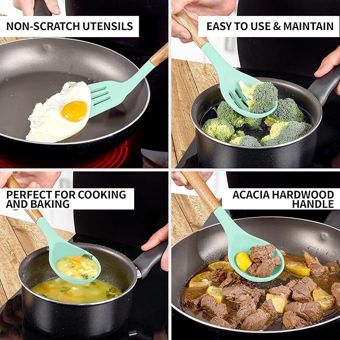 Zulay Kitchen Non-Stick Cooking Utensils Set with Authentic Acacia Wood Handles – 5-Piece Durable & Stylish Silicone Kitchen Utensils Set – Heat Resistant to 464°F – Aqua