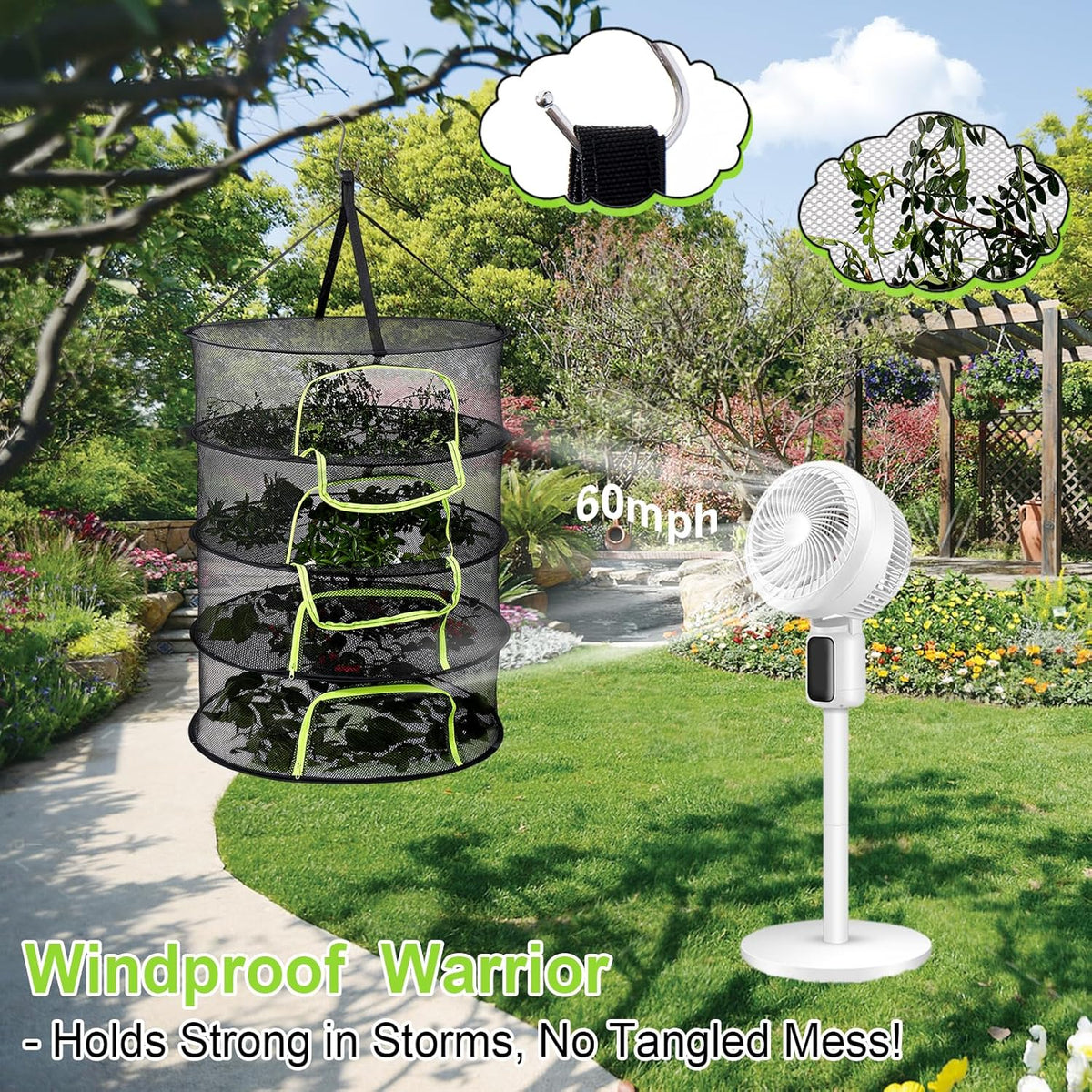 LUKETURE 4-Layer Hanging Herb Dryer Rack - with U-Zipper Mesh Net & Hook, Foldable Collapsible Drying Rack for Plants, Herbs, Flowers, Fish, Jerky, Laundry