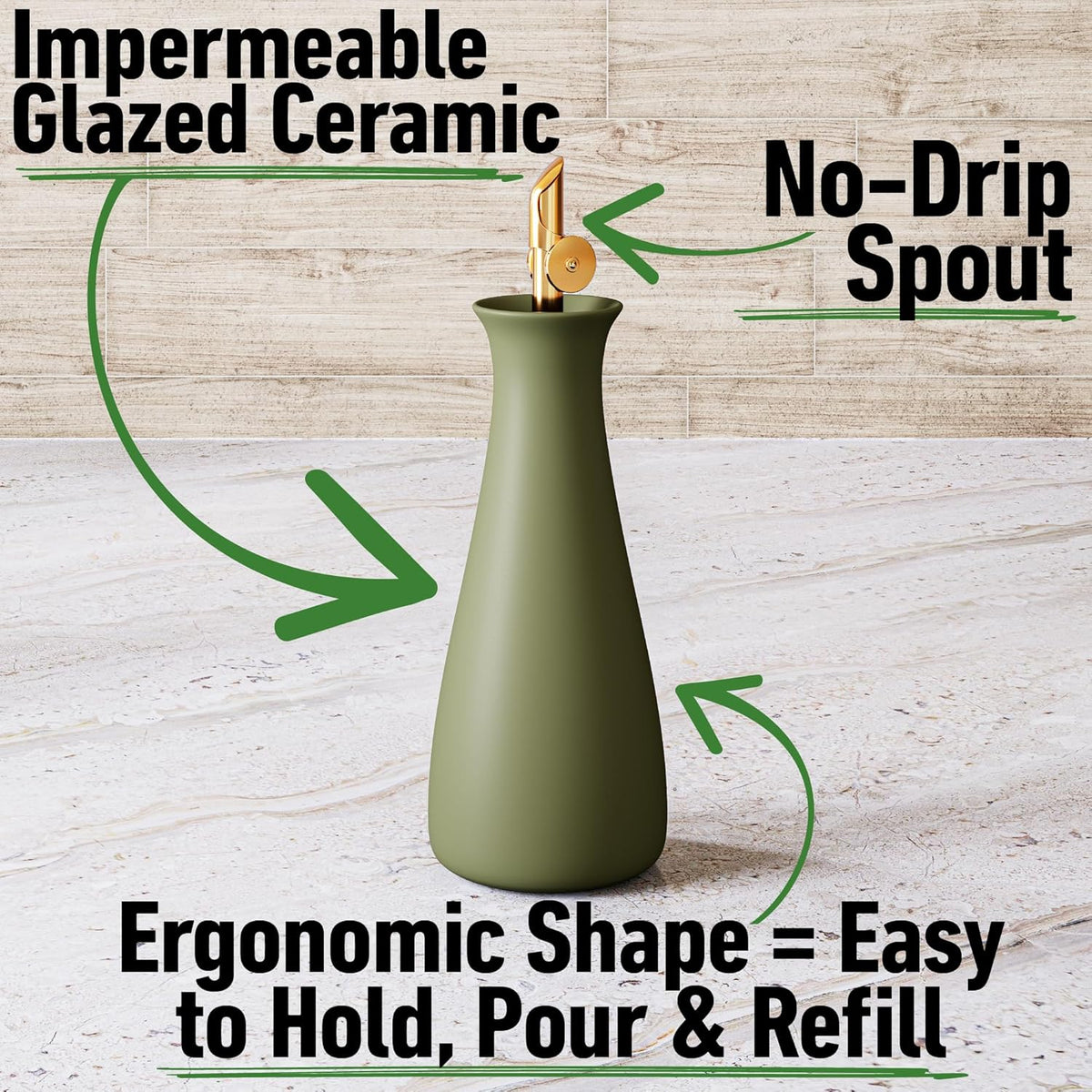 Ceramic Olive Oil Dispenser with Self-Closing Gold Spout - 530 ML Capacity Matte Green Ceramic Oil Dispenser for Kitchen - Leak Proof EVOO Dispensing Bottle - Stylish, Ergonomic, Durable, Easy Pour