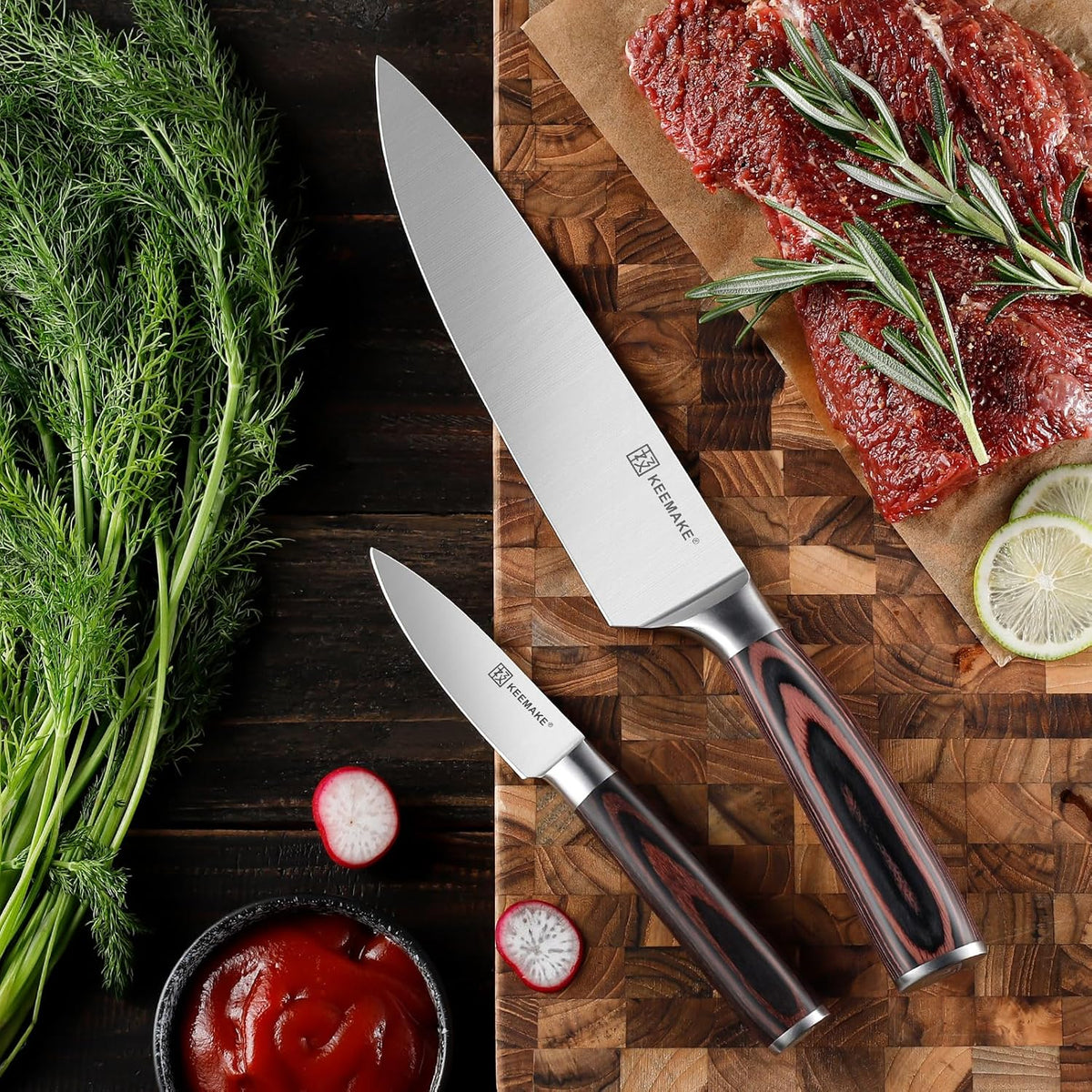 KEEMAKE Professional Chef Knife Set 2 Pieces - Kitchen Knives High Carbon Stainless Steel Ultra Sharp Blade & Ergonomic Pakkawood Handle, Perfect for Meat Cutting, Vegetable Chopping & Culinary Gifts