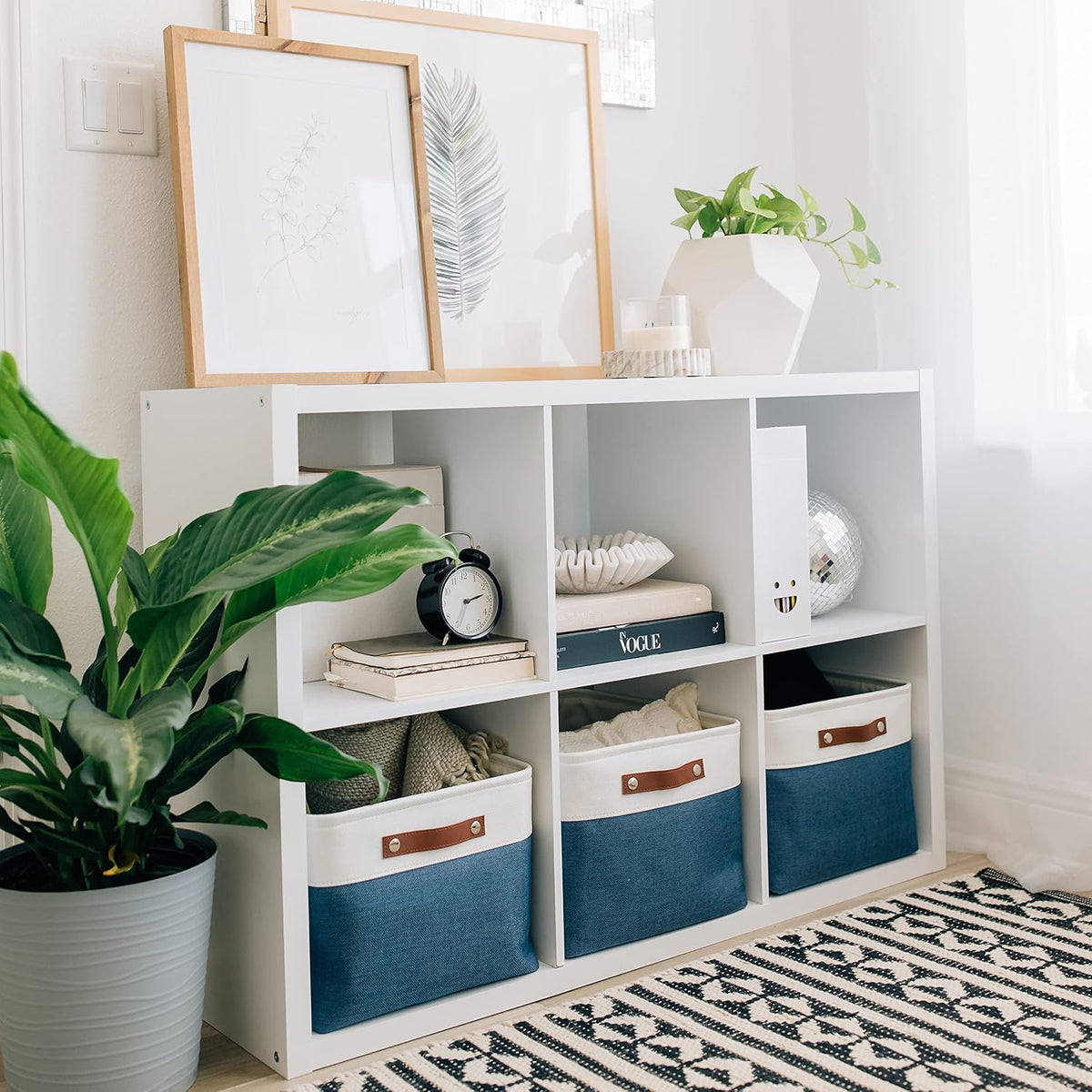 OrganiHaus Extra Large Fabric Storage Bins for Shelves 16x13in, Closet Storage Baskets for Shelf Organizing, Canvas Rectangle Bins for Organization, Linnen Baskets for Organizing - Navy Blue/White