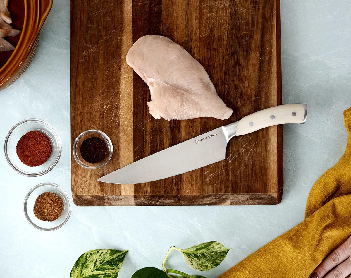 8-Inch Chef Knife – Ultra-Sharp German High Carbon Stainless Steel, Full Tang, Ergonomic Handle, Multipurpose Kitchen Knife for Chopping, Slicing, and Dicing, Cream