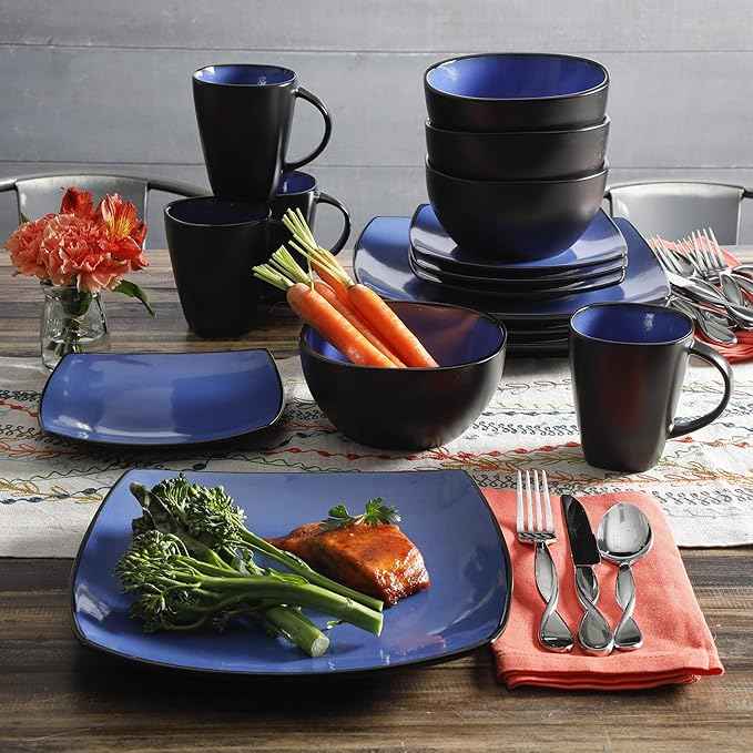Gibson Elite Soho Lounge Square Reactive Glaze Stoneware Dinnerware Set, Service for 4 (16pc), Sapphire