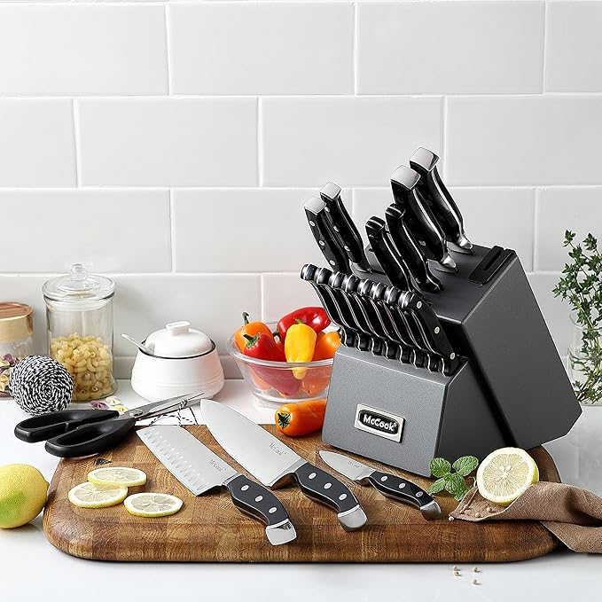 McCook® Knife Sets, German Stainless Steel Forged Kitchen Knives Block Set with Built-in Knife Sharpener