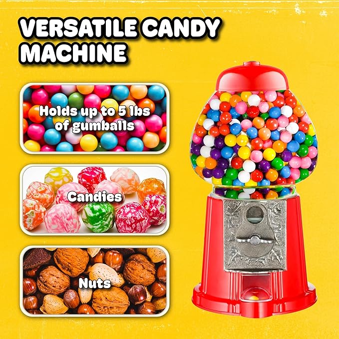 Vintage Gumball Machine - 11-Inch Retro-Style, Coin-Operated Cast Metal Vending Machine with Glass Globe and Free Spin by Great Northern Popcorn (Red)