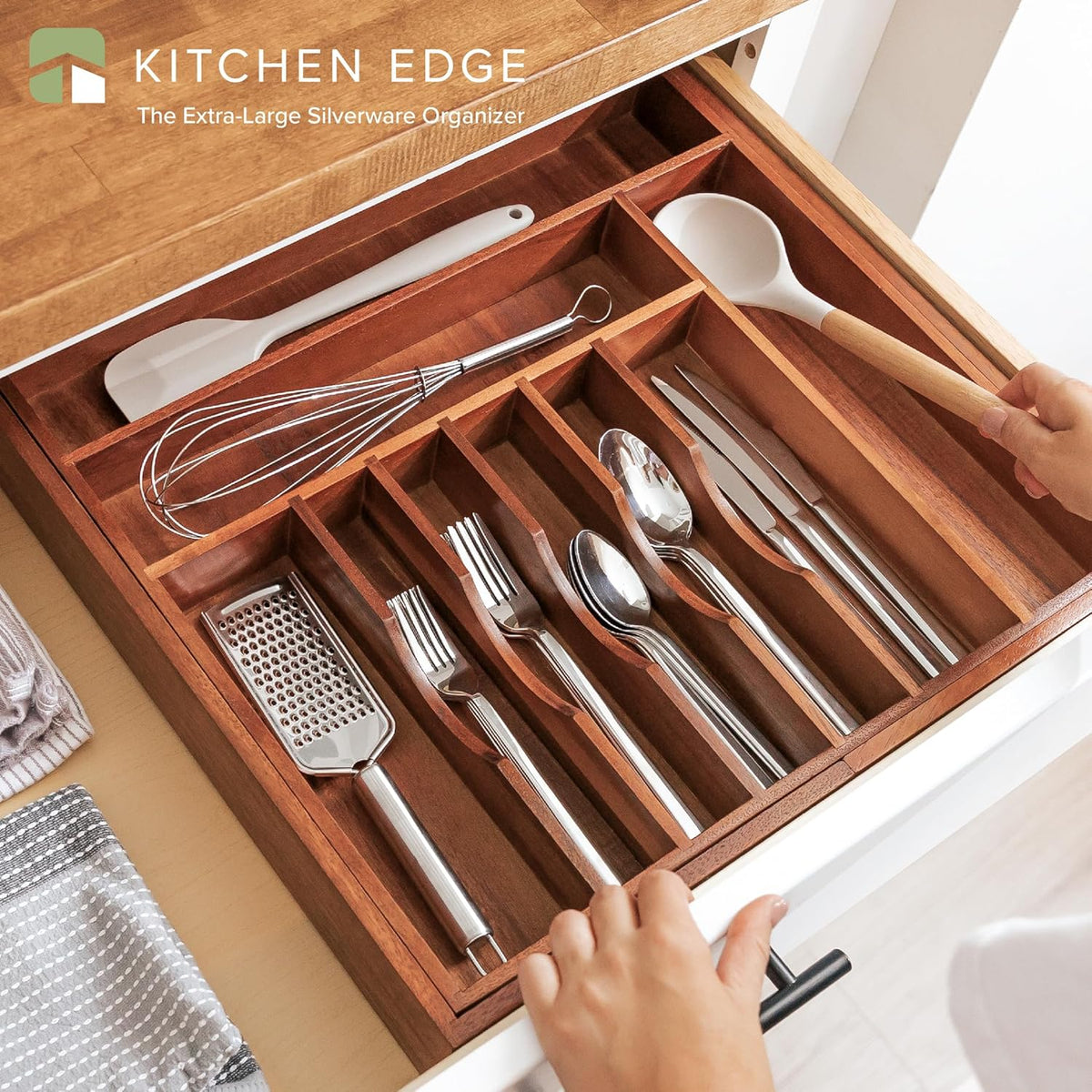 KitchenEdge Premium Silverware, Flatware and Utensil Organizer for Kitchen Drawers, Food-Safe Contract Grade, Expandable from 18 to 33 In, Natural Acacia