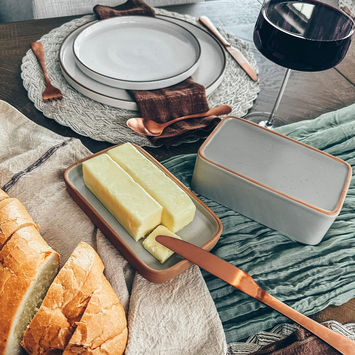 Mora Ceramic Two-in-One Butter Dish with Lid, Covered Butter Crock Container to Leave on Countertop - Large Storage Keeper/Holder for Kitchen, Gifts for Her, Butter Tray For Counter - Earl Grey
