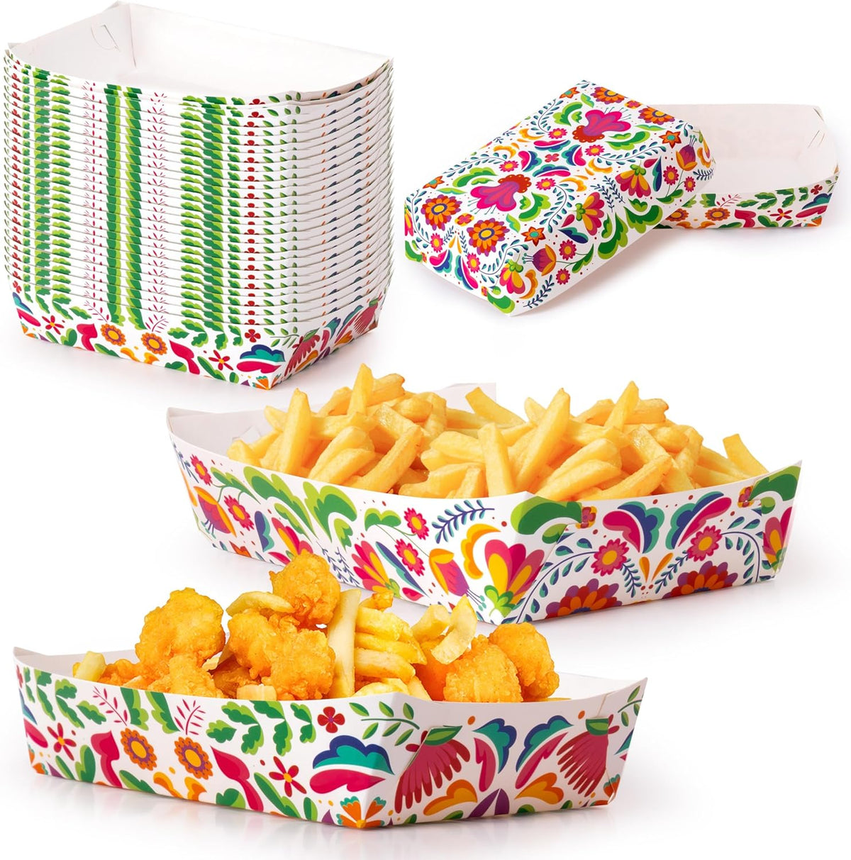 Mexican Taco Nights Food Trays - 60P Hispanic Heritage Month Flowers Unassembled Trays Nacho Snack Candy Holder Disposable Paper Plates Birthday Carnival Party Harvest Picnic Food Containers