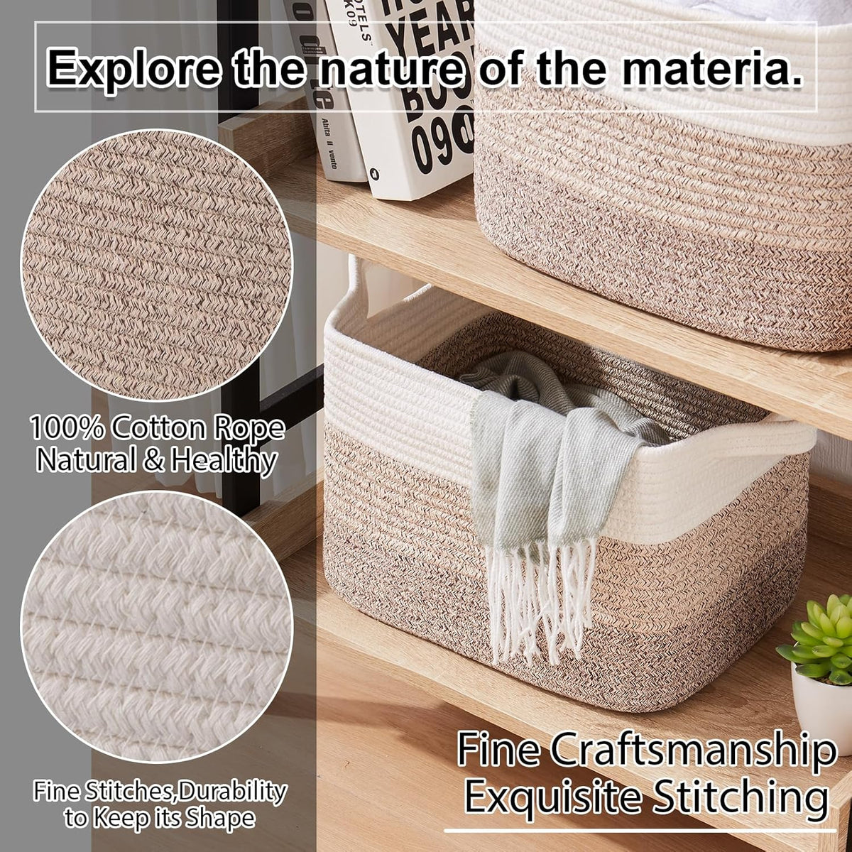 OIAHOMY Storage Basket, Woven Baskets for Storage, Cotton Rope Basket for toys,Towel Baskets for Bathroom - Pack of 3, Gradient Yellow
