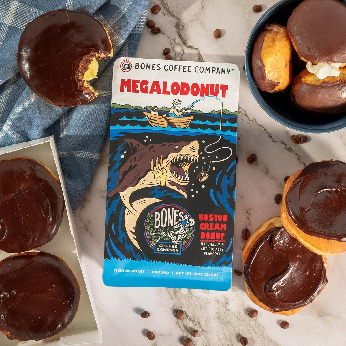Bones Coffee Company Megalodonut, Boston Cream Donut Flavored Coffee, Medium Roast Low Acid Arabica Beans Compatible with Auto drip and French Press Coffee Maker, 12 Oz Ground
