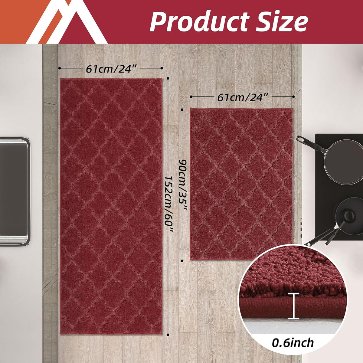 COSY HOMEER Soft Kitchen Rugs [2 PCS] for in Front of Sink Super Absorbent Kitchen Floor Mats and Mats 24x35 Inch/24X60 Non-Skid Kitchen Mat Standing Mat Washable,Polyester,Red