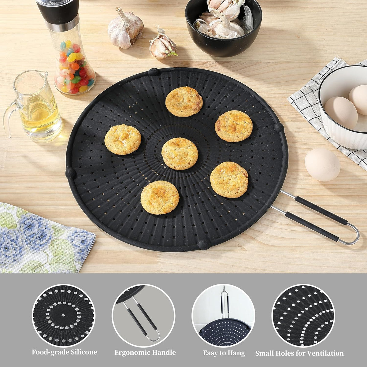 Splatter Screen for Frying Pan, Kaloo Grease Splatter Guard, Heat-Resistant Splatter Guards for Frying, Silicone Splatter Guard for Everyday Cooking, Dishwasher Safe (13inch,Black)