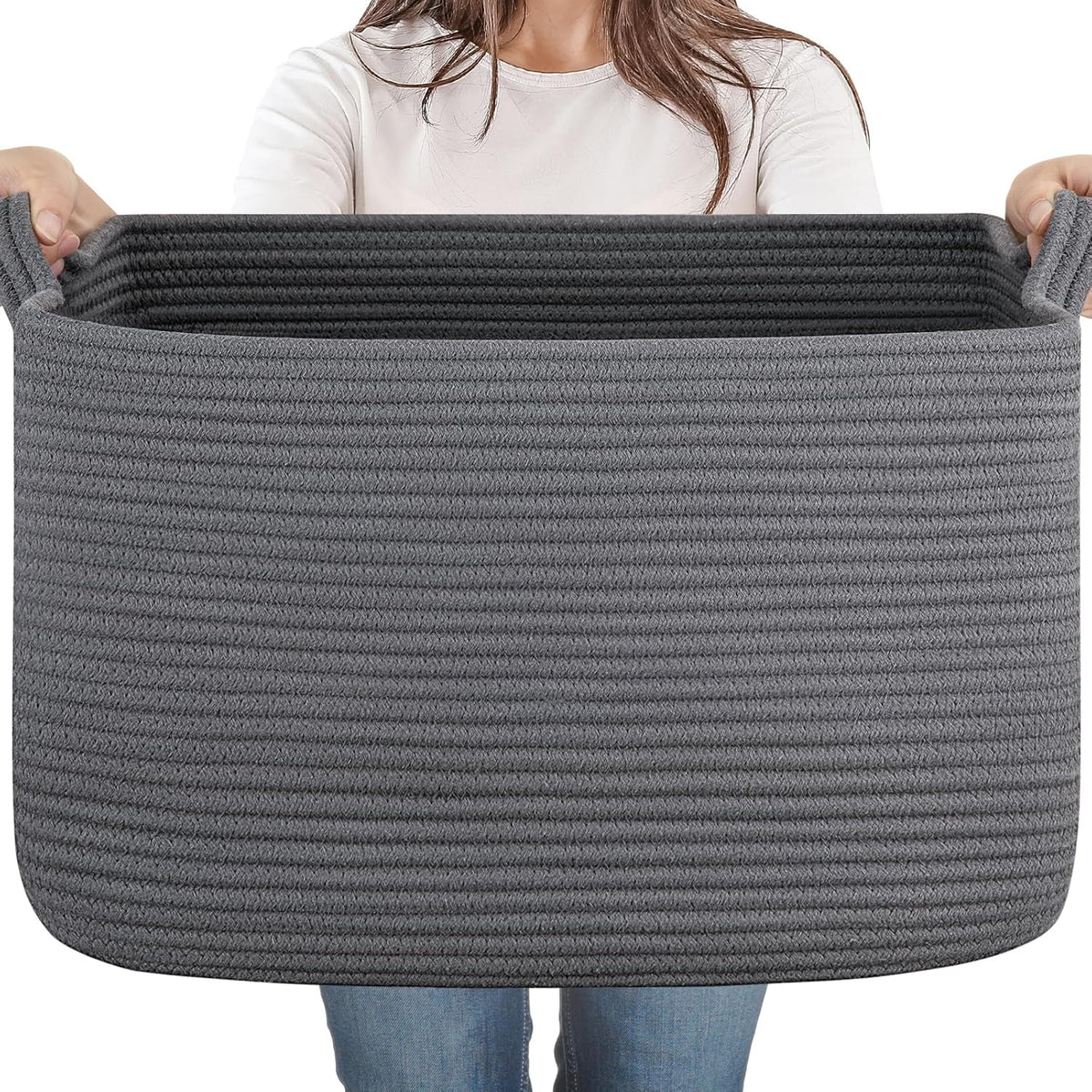 65L Large Storage Basket, Cotton Rope Woven Blanket Basket, Toy Storage for Baby Room, Living Room, Dark Grey