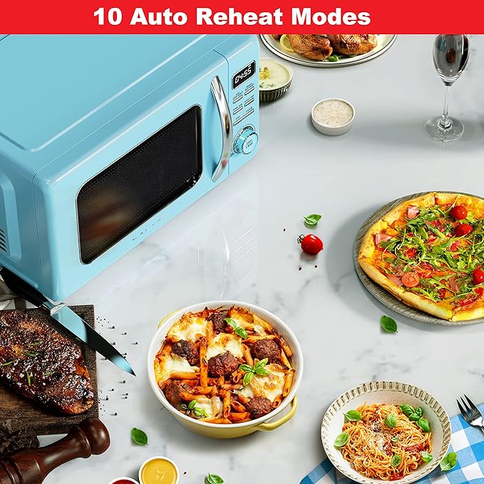 Galanz GLCMKZ09BER09 Retro Countertop Microwave Oven with Auto Cook & Reheat, Defrost, Quick Start Functions, Easy Clean with Glass Turntable, Pull Handle, 0.9 cu ft, Blue