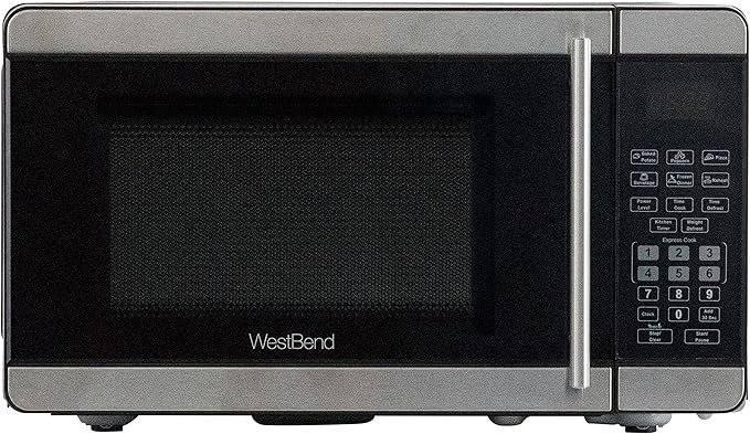 West Bend Microwave Oven 700-Watts Countertop Compact Footprint with 6 Pre Cooking Settings, Speed Defrost, Electronic Control Panel and Glass Turntable Perfect for Small Spaces, 0.7-Cu.Ft., Metallic