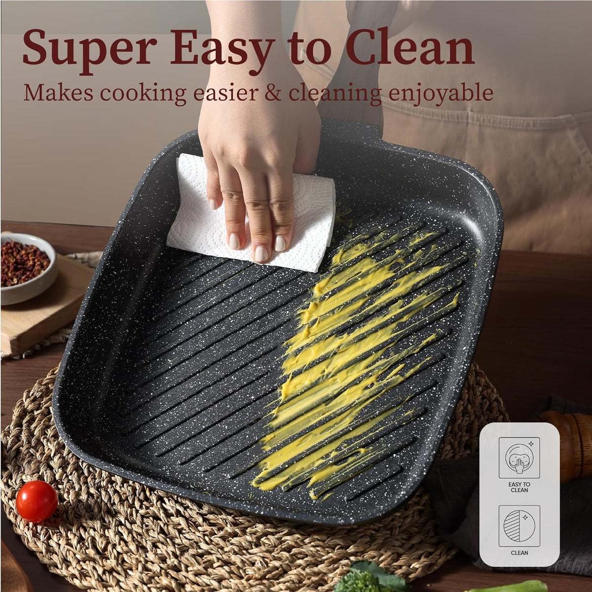 CAROTE 11 Inch Nonstick Grill Pan for Steak - Premium Granite Nonstick Coating, Square Grill Skillet, Indoor Outdoor RV Camping Use, Gas & Induction Safe, All Stovetops Compatible, PFOA Free, Black