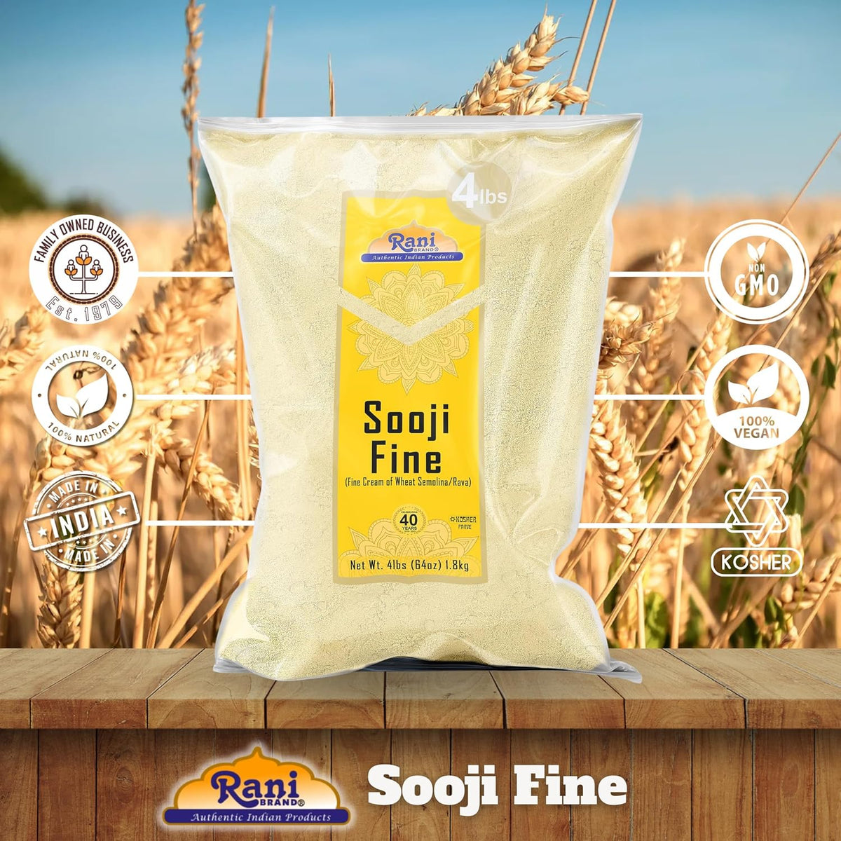 Rani Sooji Fine (Farina, Suji, Rava, Wheat) Flour 64oz (4lbs) 1.81kg Bulk ~ All Natural | Vegan | NON-GMO | Kosher | Indian Origin